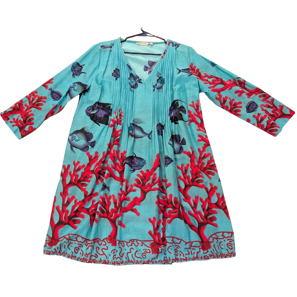 Soft Surroundings Dress Womens L Turquoise Fish Coral Print Boho Beach Tunic EUC